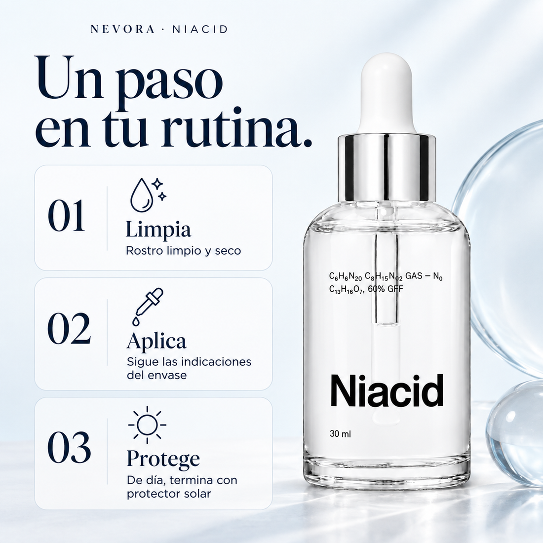 Niacid: limpiar, aplicar según el envase y proteger del sol