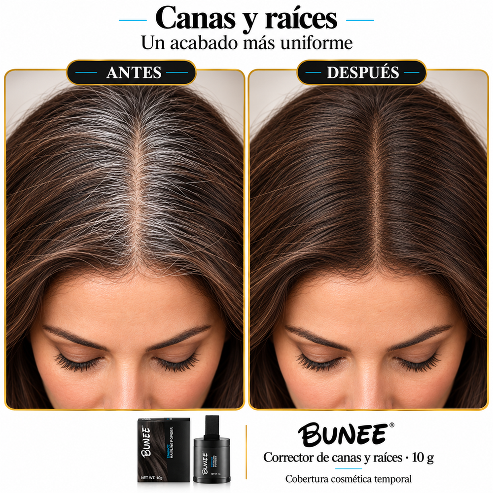Comparación de canas y raíces antes y después de una cobertura cosmética con BUNEE