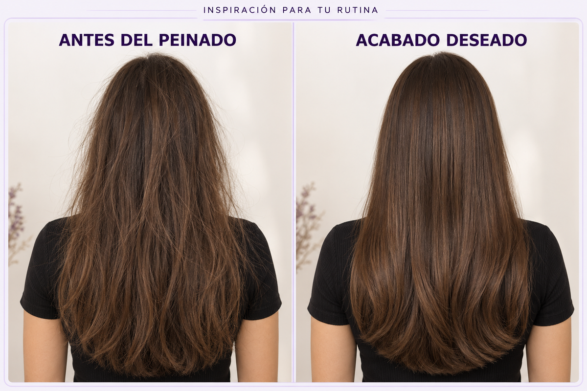 Inspiración de peinado: cabello antes de peinar y acabado suave deseado.