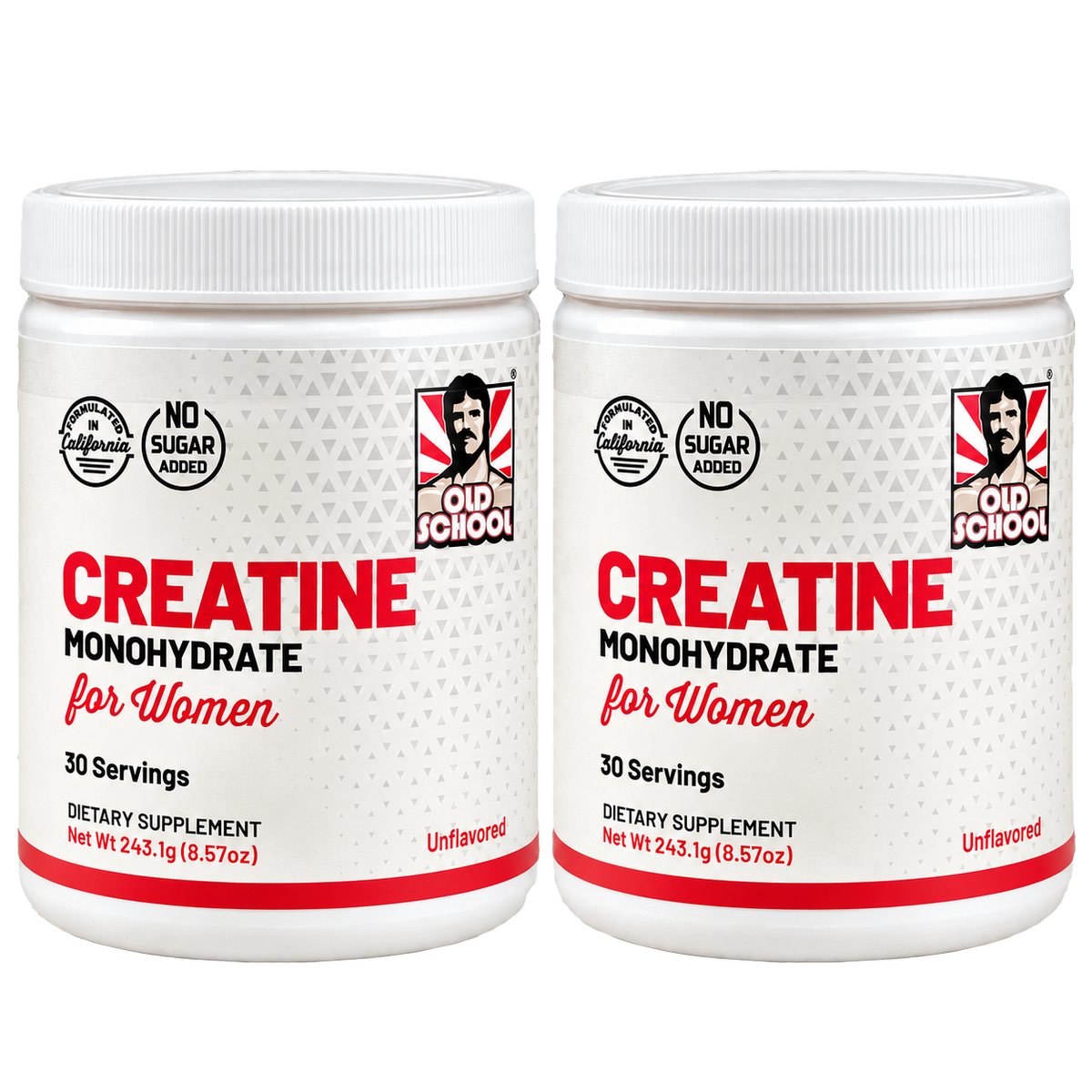 Oferta 2×1 Old School Labs Creatina para Mujeres: dos frascos de 243,1 g, 60 porciones en total, con fondo transparente