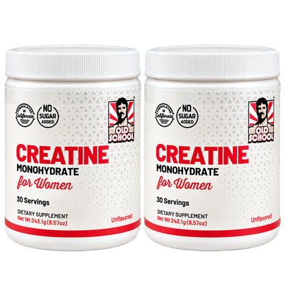 Oferta 2×1 Old School Labs Creatina para Mujeres: dos frascos de 243,1 g, 60 porciones en total, con fondo transparente