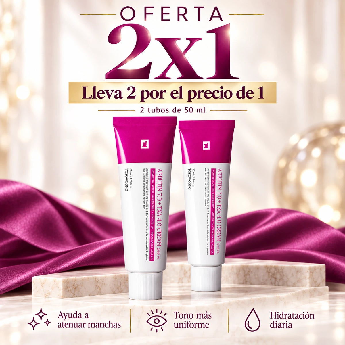 Oferta 2×1 TOSOWOONG Arbutin 7% + TXA 4%: dos tubos de 50 ml para ayudar a atenuar manchas y unificar el tono.
