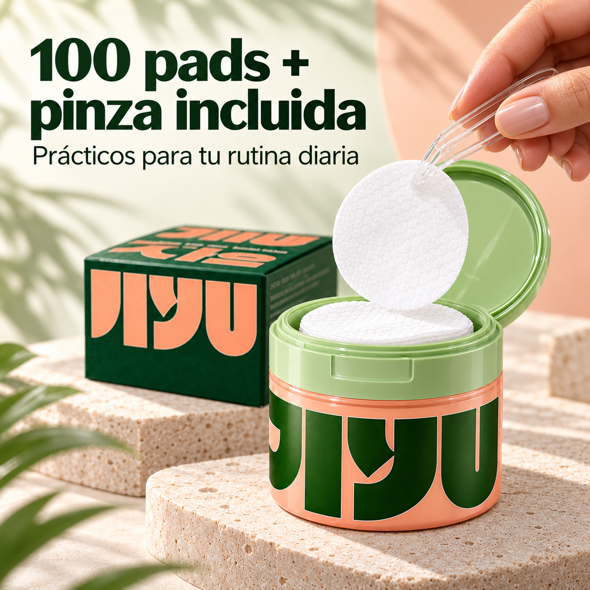 Envase JIYU con 100 pads faciales y pinza incluida
