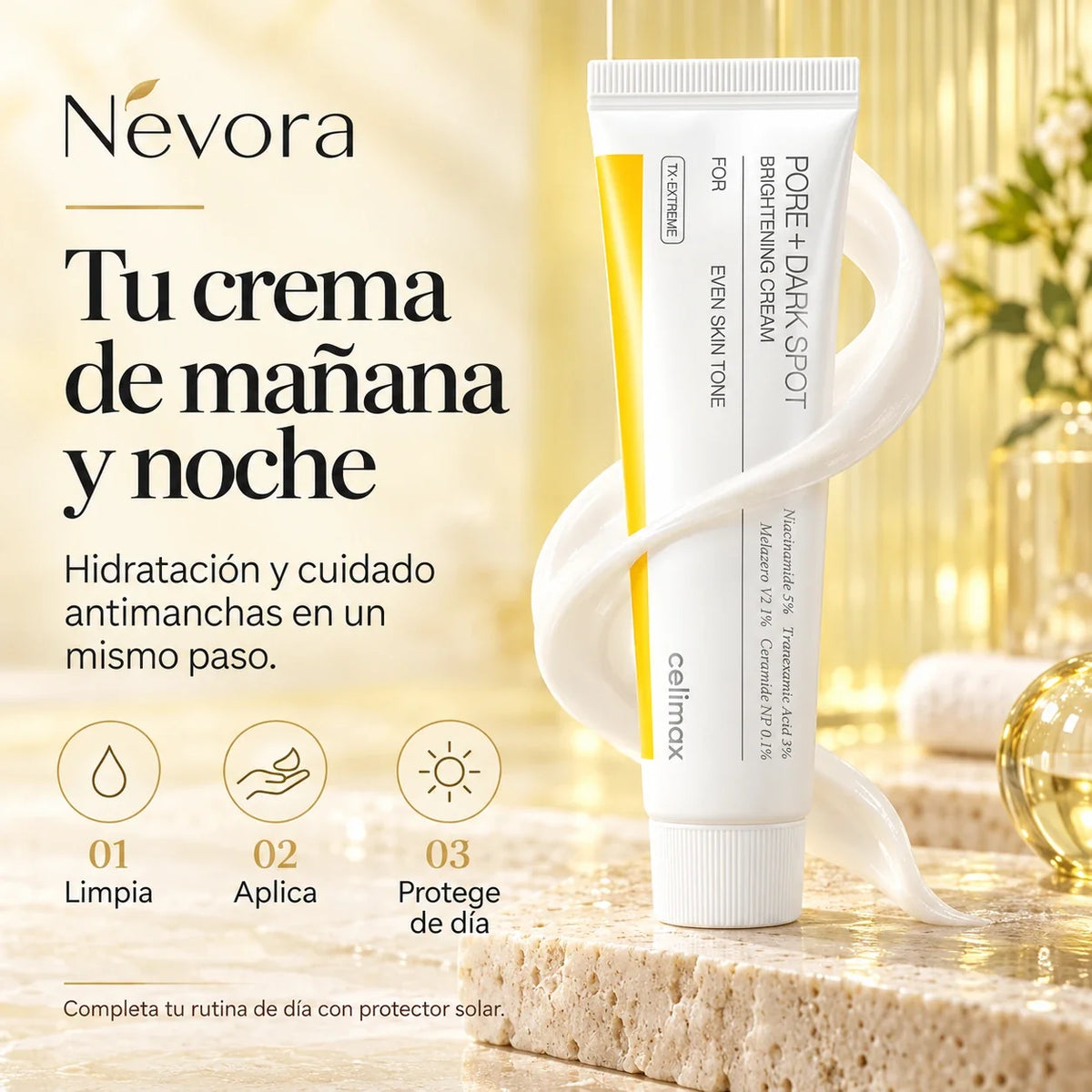 Rutina Celimax de mañana y noche: limpiar, aplicar y proteger de día