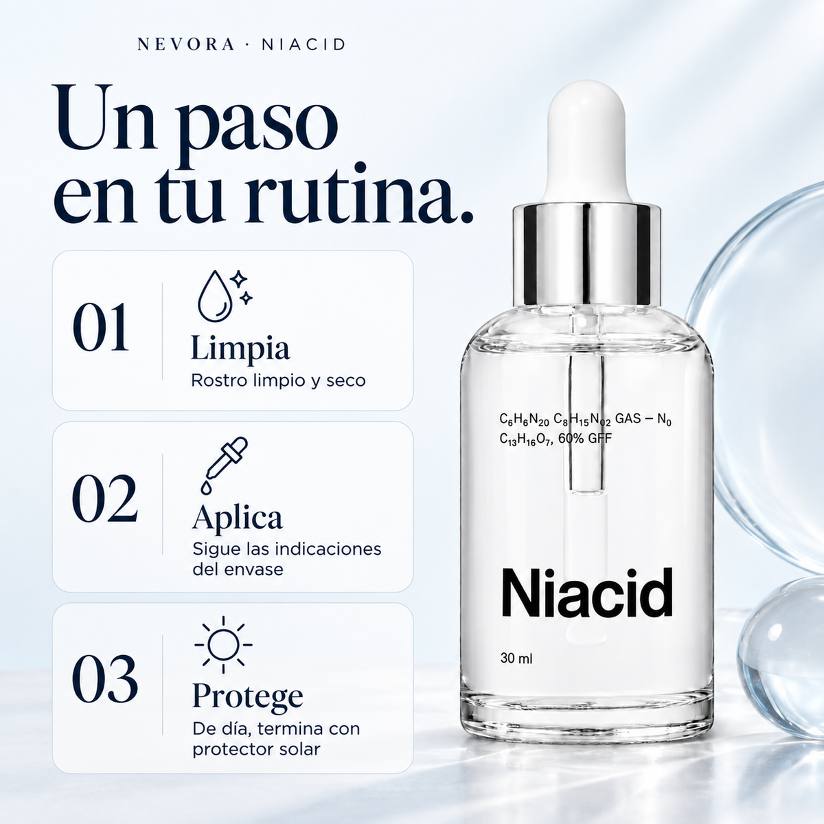 Niacid: limpiar, aplicar según el envase y proteger del sol