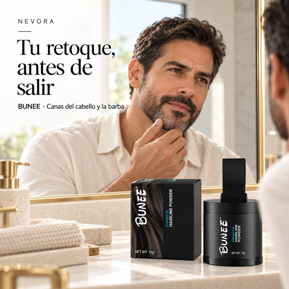 BUNEE: tu retoque antes de salir. Hombre frente al espejo y corrector de canas para cabello y barba.