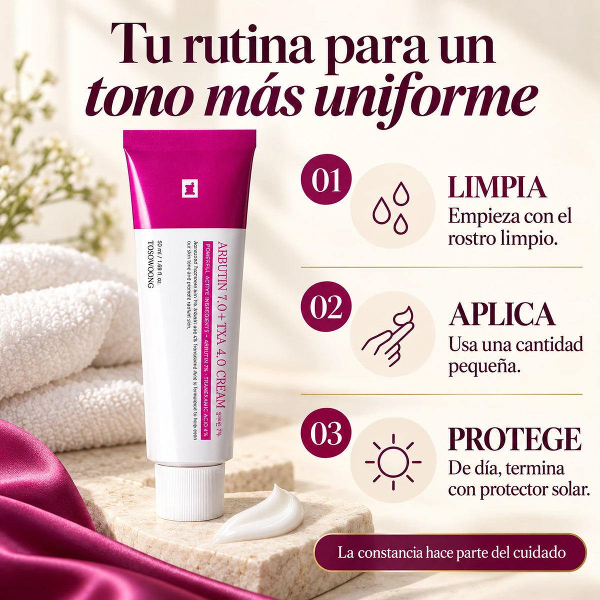 Rutina TOSOWOONG: limpiar el rostro, aplicar una cantidad pequeña y terminar con protector solar de día.