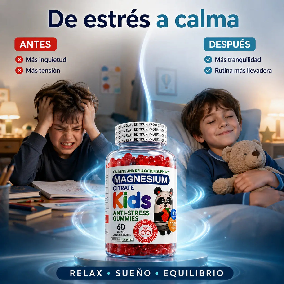 Antes y después conceptual de una rutina infantil más tranquila