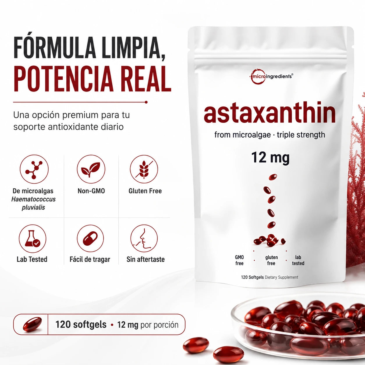 Astaxantina 12 mg: Antioxidante Premium desde Microalgas