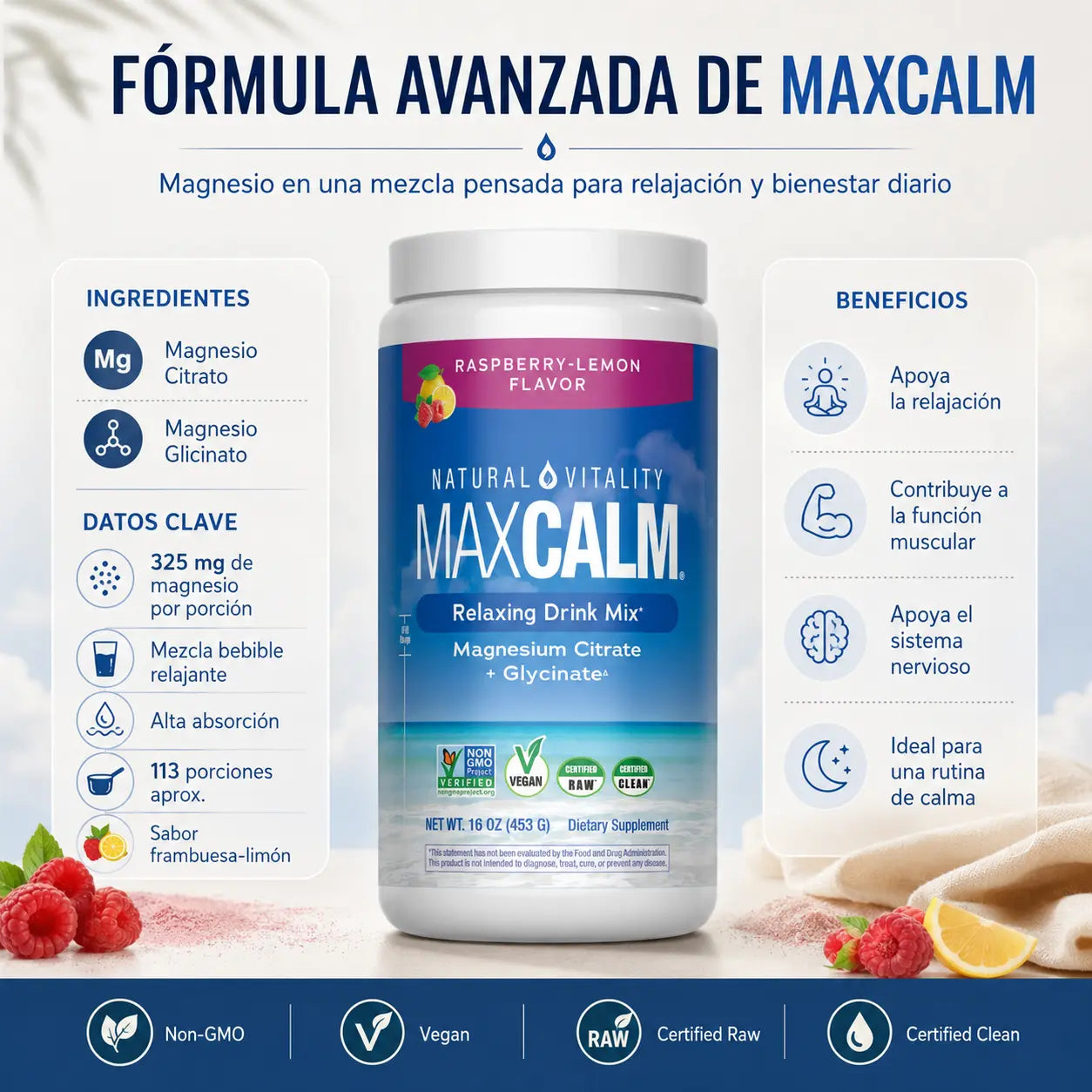 MaxCalm — Magnesio Relajante en Polvo · Citrato + Glicinato