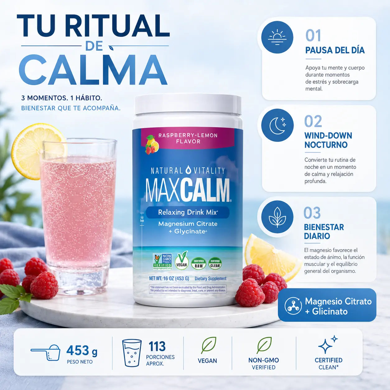 MaxCalm — Magnesio Relajante en Polvo · Citrato + Glicinato