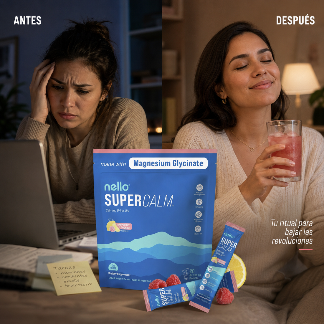 SuperCalm – Bebida Relajante con Ashwagandha KSM-66 y Magnesio Glicinato | Sin Azúcar | 20 Sobres