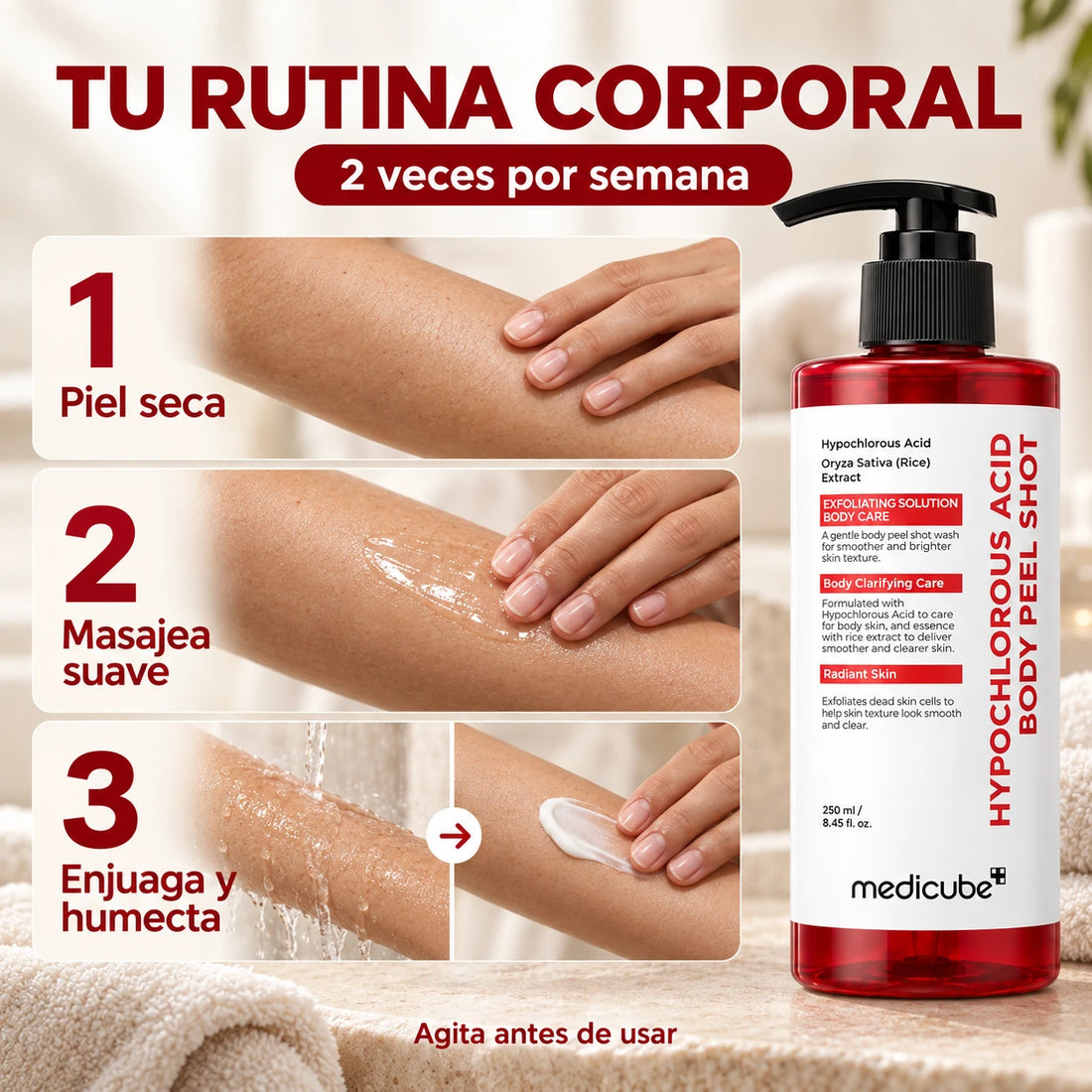Medicube Hypochlorous Acid BODY Peel Shot — 250 ml — Pasos para utilizar el producto