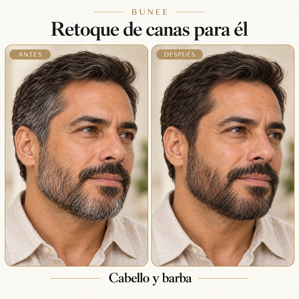 Ilustración generada con IA de cobertura temporal de canas en cabello y barba de un hombre. No representa un resultado real.