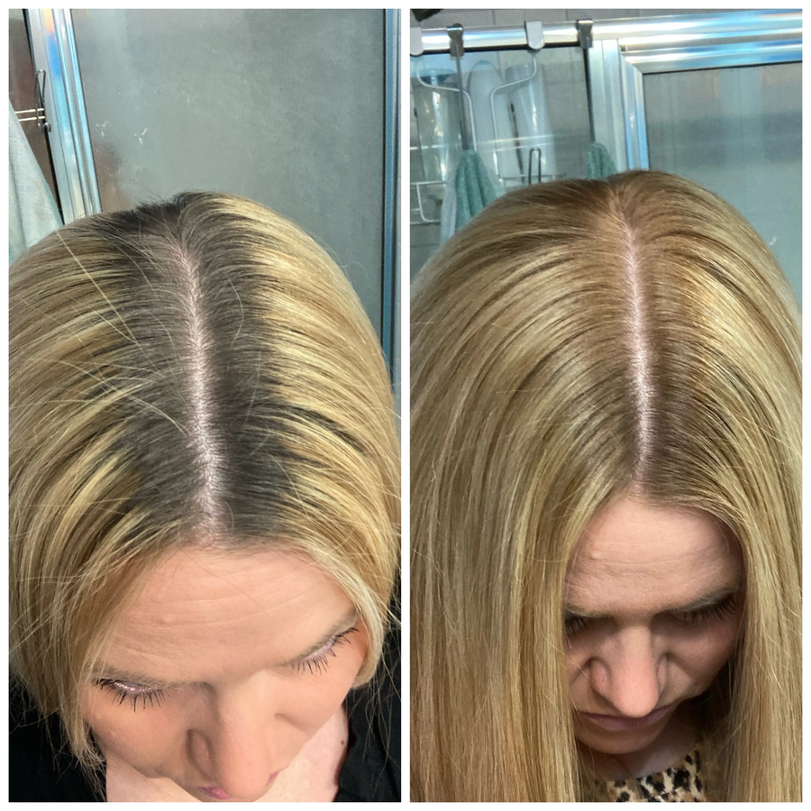 Comparación de la raíz de una clienta con cabello rubio