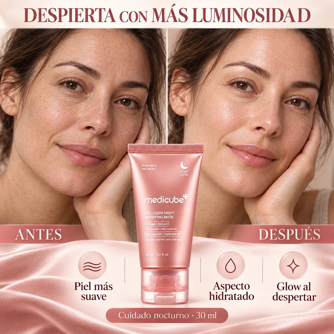 Medicube Collagen Night Wrapping Mask — 30 ml — Comparación visual de textura y acabado