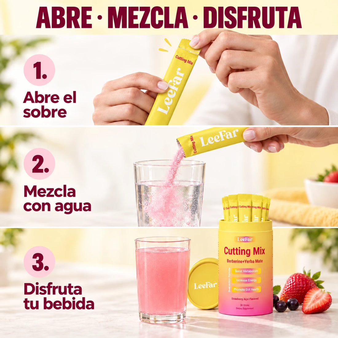 Preparación de Cutting Mix: abrir, mezclar con agua y seguir la etiqueta