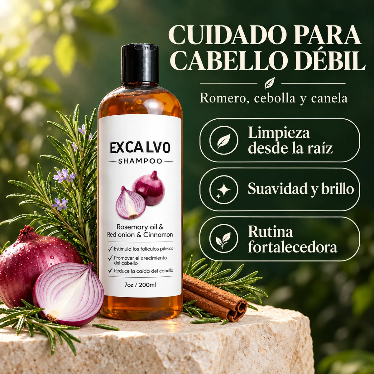 EXCALVO Shampoo de Romero, Cebolla y Canela — 200 ml