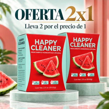 Oferta 2×1 de Happy Cleaner: dos unidades del producto en una escena de estudio. Lleva 2 por el precio de 1.