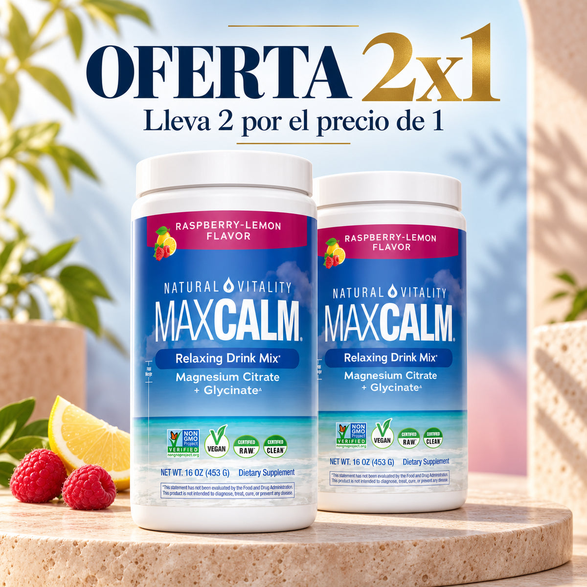 Oferta 2×1 de MaxCalm: dos unidades del producto en una escena de estudio. Lleva 2 por el precio de 1.