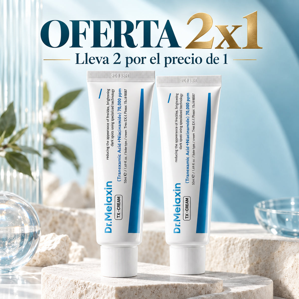 Oferta 2×1 de Dr. Melaxin TX-Cream: dos unidades del producto en una escena de estudio. Lleva 2 por el precio de 1.