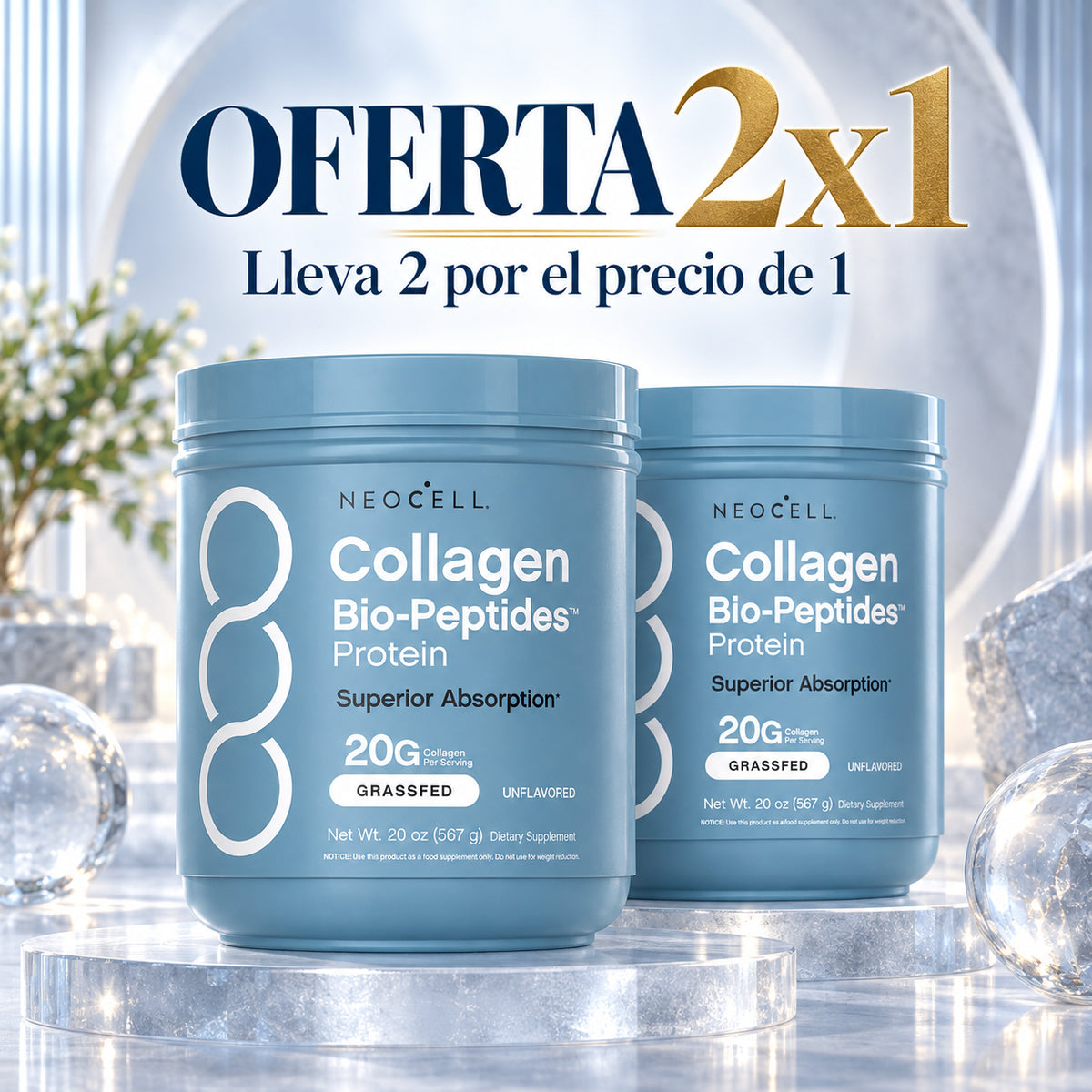 Oferta 2×1 de NeoCell: dos unidades del producto en una escena de estudio. Lleva 2 por el precio de 1.