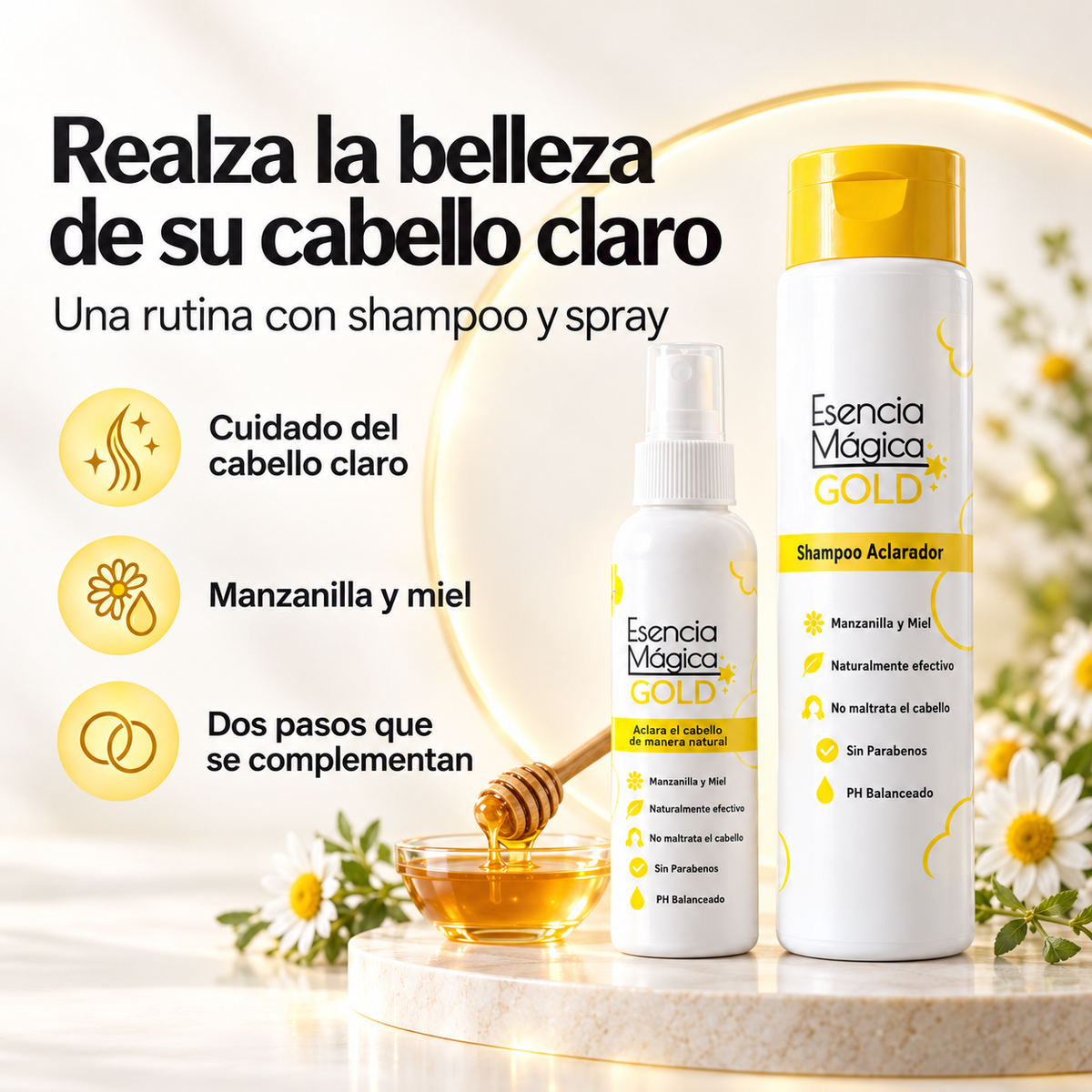 Esencia Mágica Gold: cuidado del cabello claro con manzanilla y miel