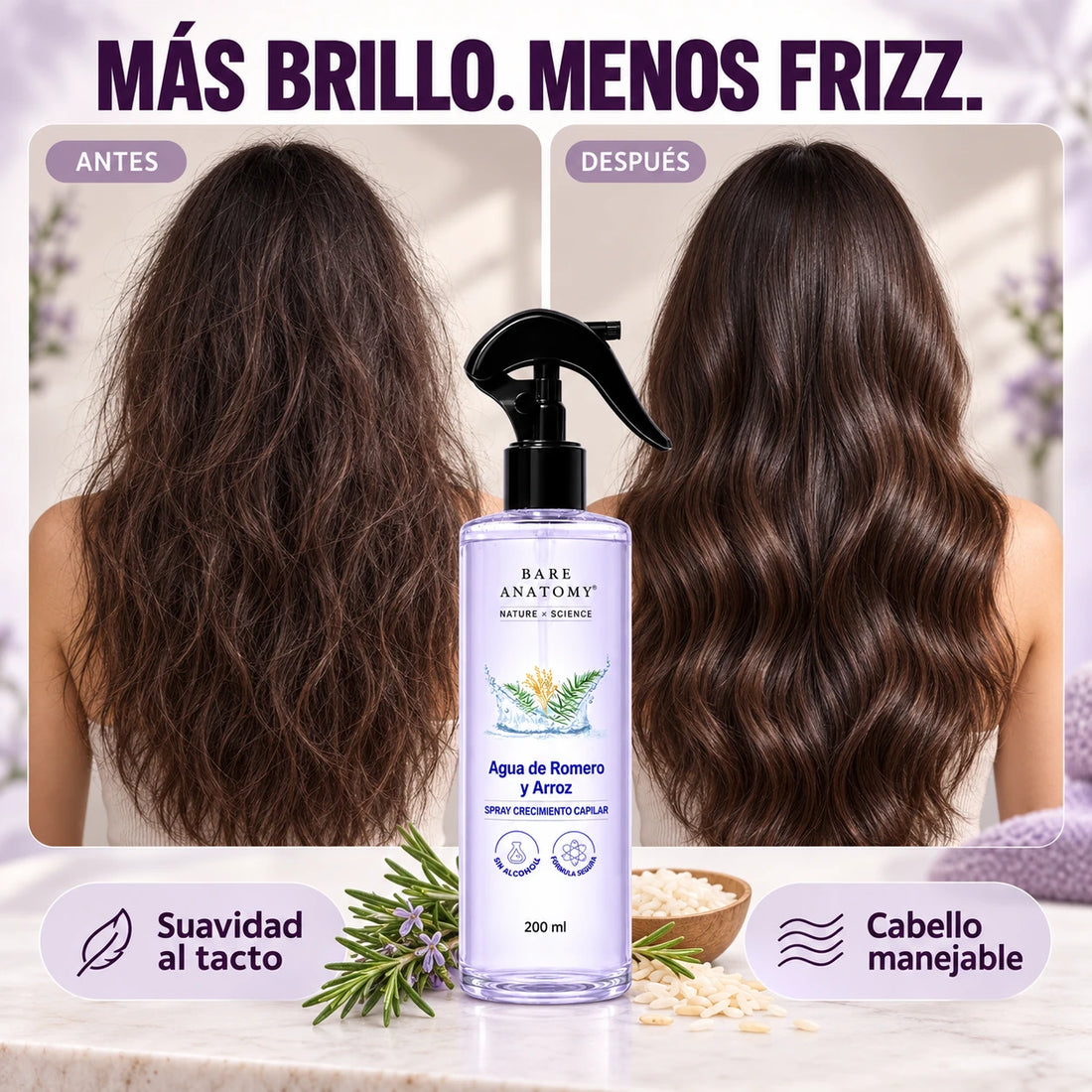 Bare Anatomy Romero + Arroz — Spray capilar 200 ml — Comparación visual de textura y acabado