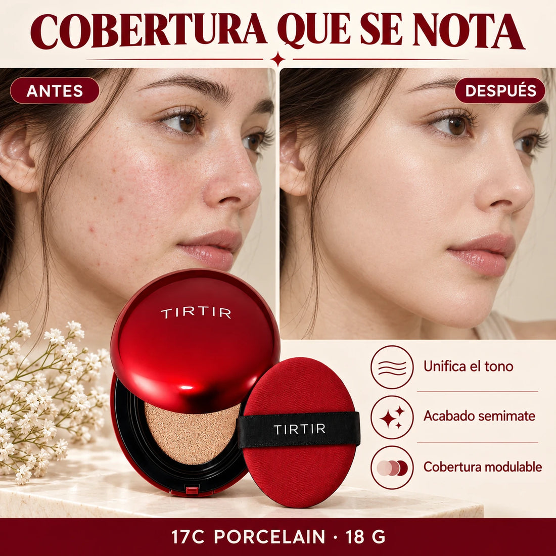 TIRTIR Mask Fit Red Cushion — 17C Porcelain · 18 g — Comparación visual de textura y acabado