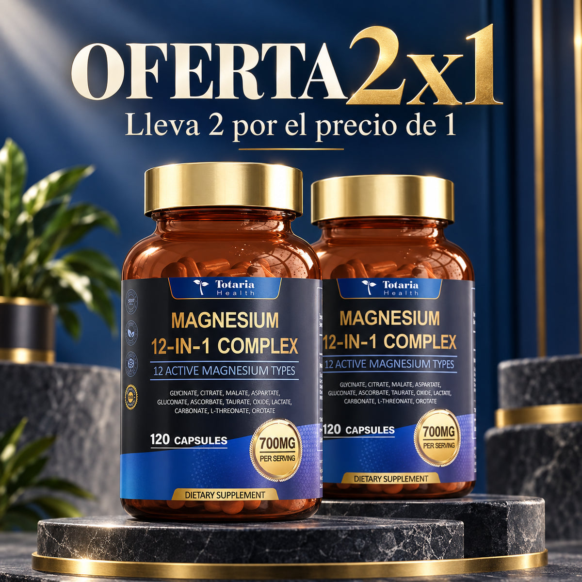 Oferta 2×1 de Magnesio Complex TOTARIA 12 en 1: dos unidades del producto en una escena de estudio. Lleva 2 por el precio de 1.